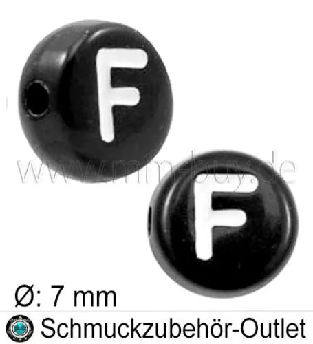 Buchstabenperlen „F“, schwarz, Acryl, Ø: 7 mm, 5 Stück