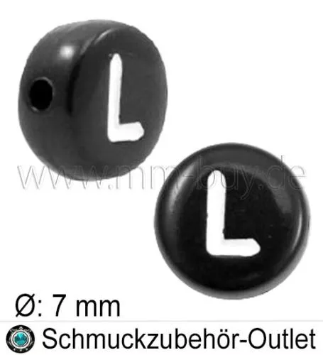 Buchstabenperlen „L“, schwarz, Acryl, Ø: 7 mm, 5 Stück