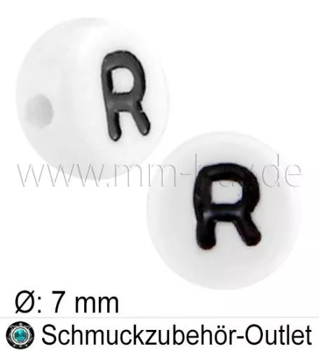 Buchstabenperlen „R“, weiß, Acryl, Ø: 7 mm, 5 Stück