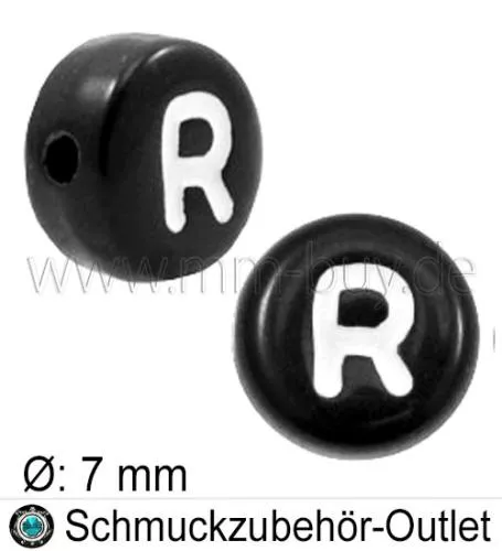 Buchstabenperlen „R“, schwarz, Acryl, Ø: 7 mm, 5 Stück