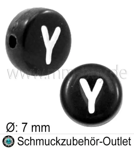 Buchstabenperlen „Y“, schwarz, Acryl, Ø: 7 mm, 5 Stück