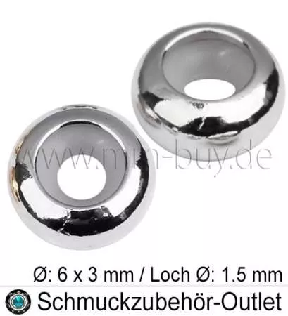 Edelstahl Verschlussperle mit Gummi, Ø: 6 mm, Loch: 1.5 mm, 1 Stück