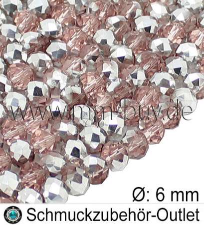 Glasschliffperlen, metallisch, rosa-silber, Ø: 4x6mm, 1 Strang
