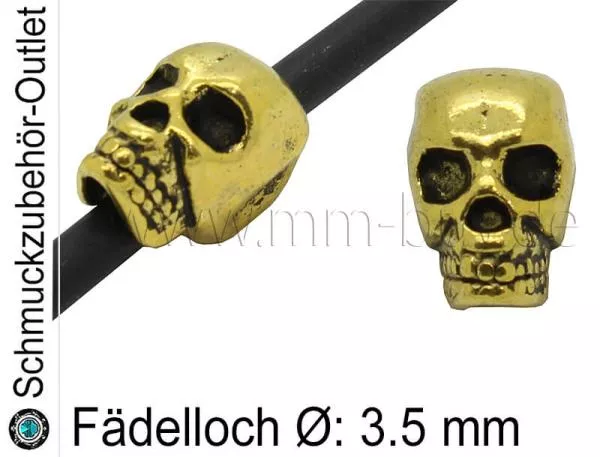 Metall Großlochperlen Schädel goldfarben (Fädelloch Ø: 3.5 mm), 1 Stück