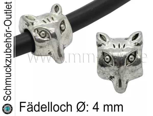 Metall Großlochperlen Fuchs silberfarben (Fädelloch Ø: 4 mm), 1 Stück
