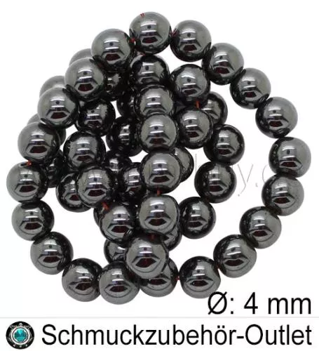 Hämatitperlen, rund, schwarz, Ø: ca. 4 mm, 1 Strang