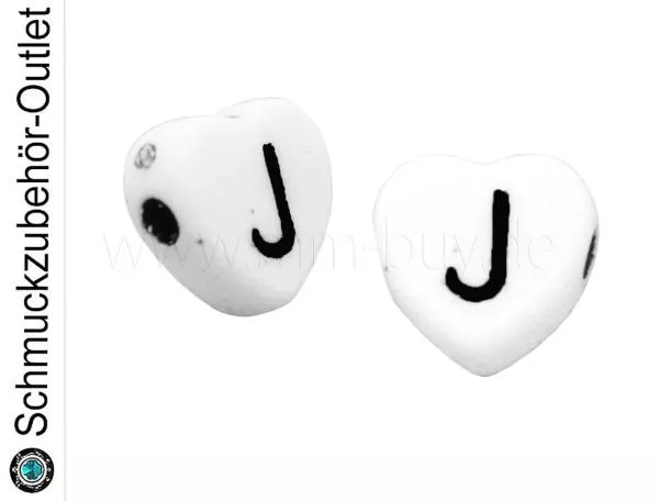Buchstabenperlen „J“, Herz, weiß, 5 Stück
