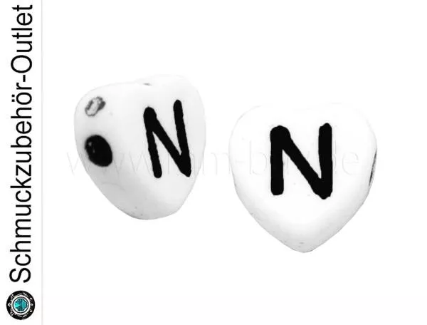 Buchstabenperlen „N“, Herz, weiß, 5 Stück
