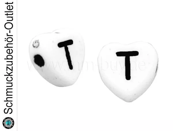 Buchstabenperlen „T“, Herz, weiß, 5 Stück