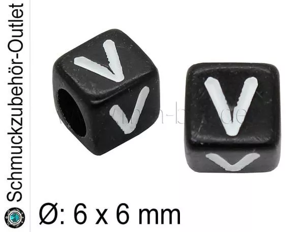 Buchstabenperlen „V“, Würfel, schwarz, Ø: 6x6 mm, 5 Stück