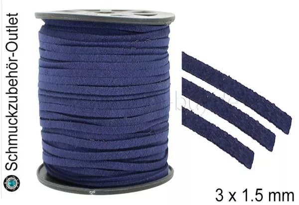 Flaches Band, Wildlederoptik, dunkelblau, 3 x 1.5 mm, 1 Meter