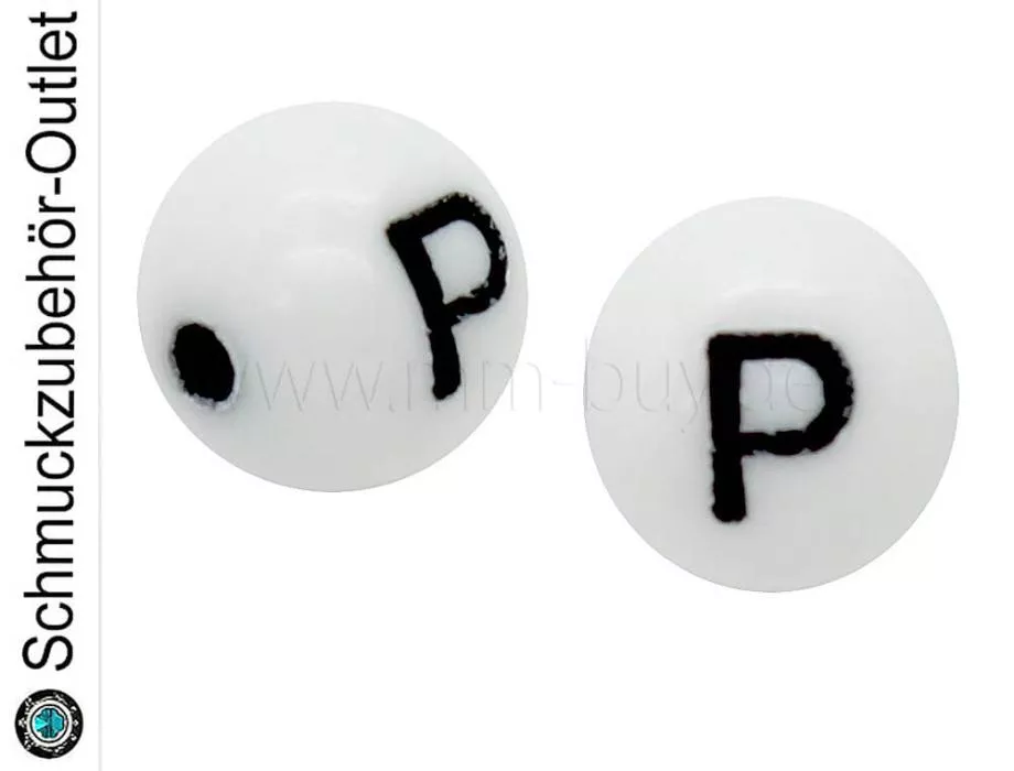 Buchstabenperlen „P“, weiß, Kunststoff, Ø: 8 mm, 5 Stück