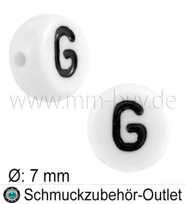 Buchstabenperlen „G“, weiß, Acryl, Ø: 7 mm, 5 Stück