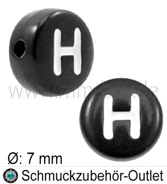 Buchstabenperlen „H“, schwarz, Acryl, Ø: 7 mm, 5 Stück