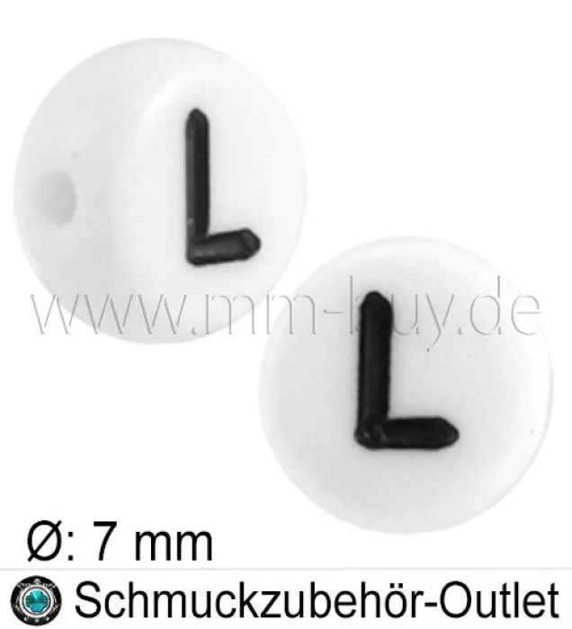 Buchstabenperlen „L“, weiß, Acryl, Ø: 7 mm, 5 Stück