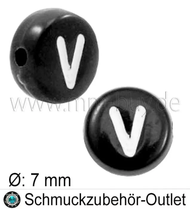 Buchstabenperlen „V“, schwarz, Acryl, Ø: 7 mm, 5 Stück