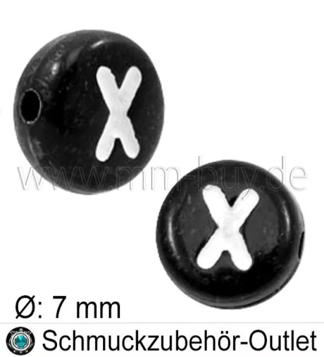 Buchstabenperlen „X“, schwarz, Acryl, Ø: 7 mm, 5 Stück