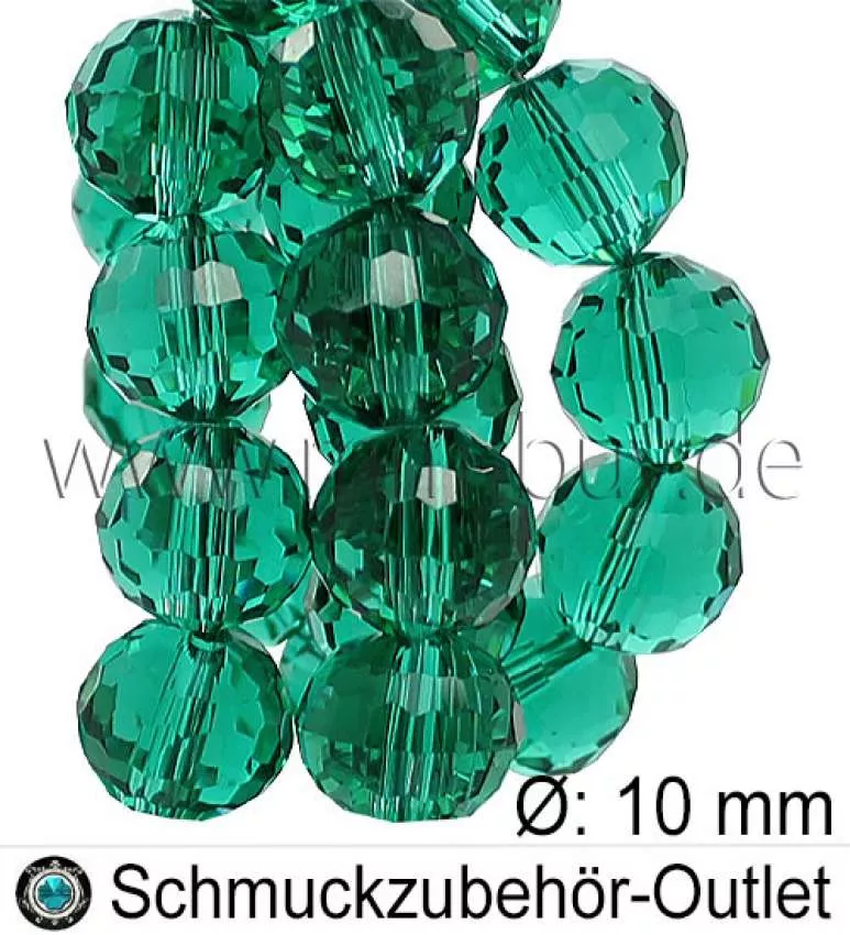 Glasschliffperlen, meergrün, rund, Ø: 10 mm, 1 Strang