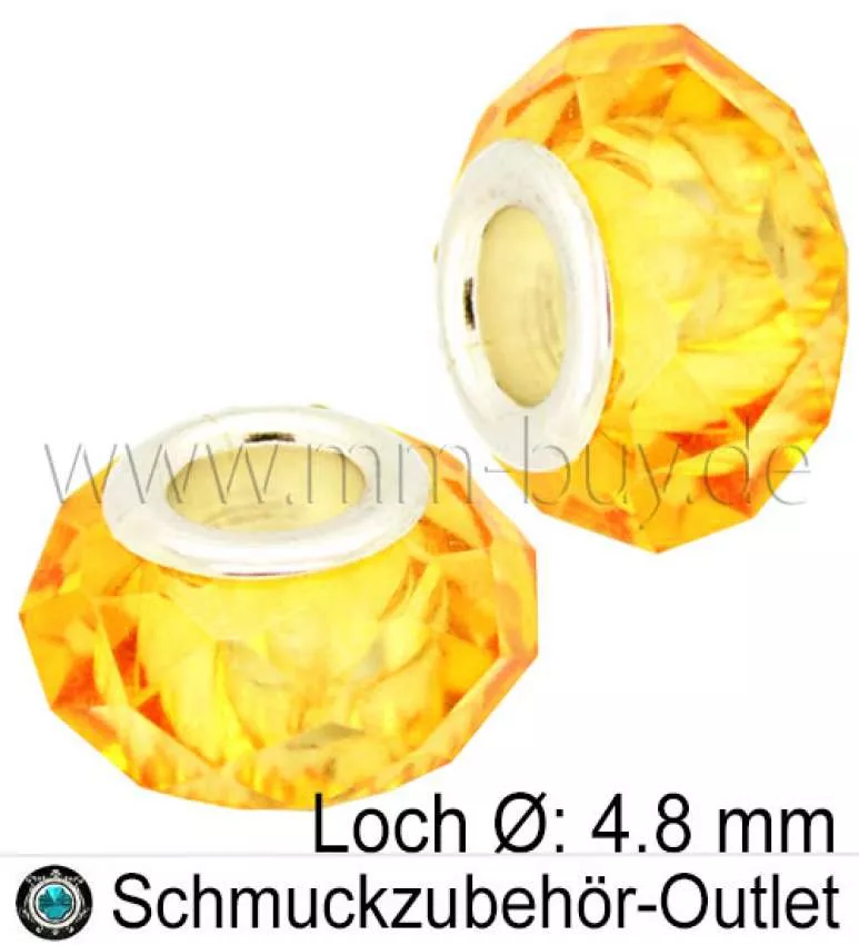 Großlochperlen, Glas, gelb, Ø: 14x8mm, Loch: 4,8 mm, 1 Stück
