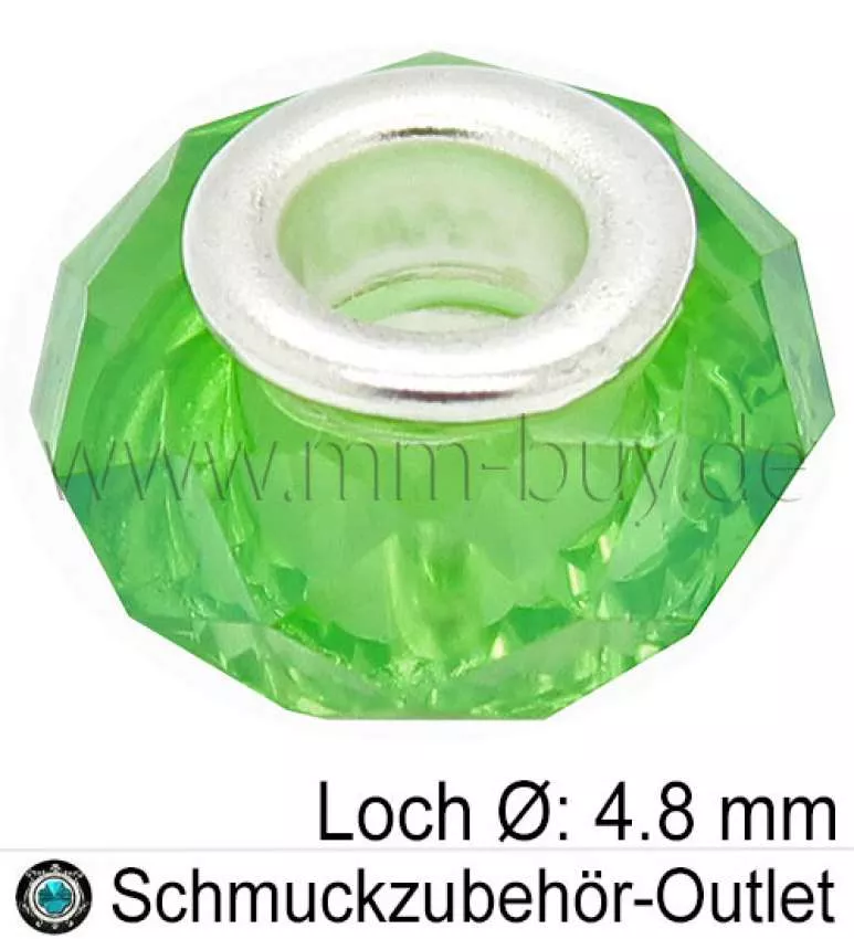 Großlochperlen, Glas, grün, Ø: 14x9mm, Loch: 4,8 mm, 1 Stück