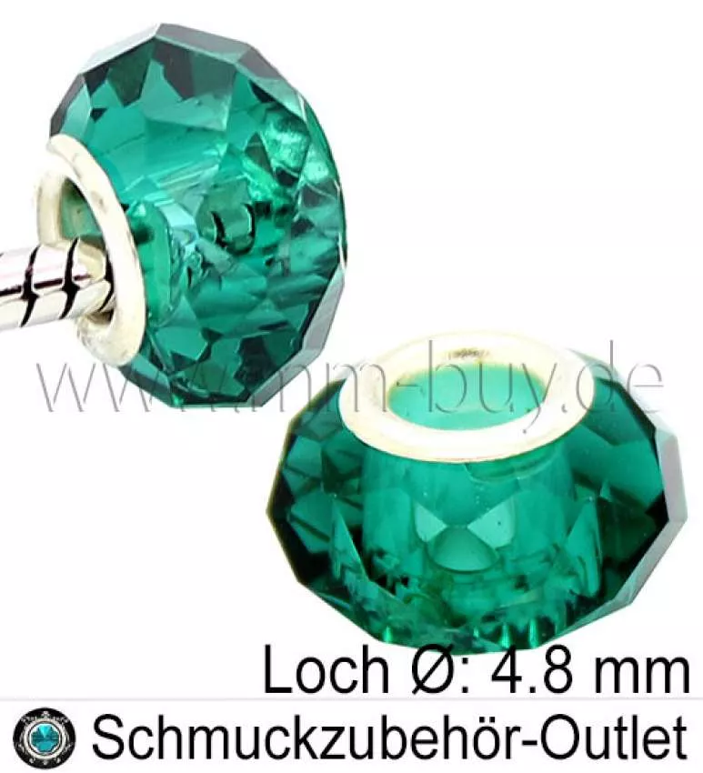 Großlochperlen, Glas, meergrün, Ø: 14x8mm, Loch: 4,8 mm, 1 Stück