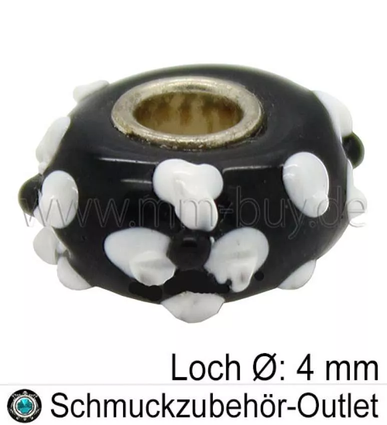 Großlochperlen, Glas, schwarz-weiß, Ø: 14 x 8 mm, Loch Ø: 4 mm, 1 Stück
