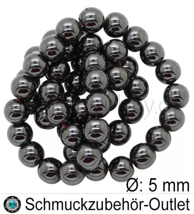 Hämatitperlen, rund, schwarz, Ø: ca. 5 mm, 1 Strang