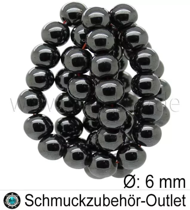 Hämatitperlen, rund, schwarz, Ø: ca. 6 mm, 1 Strang