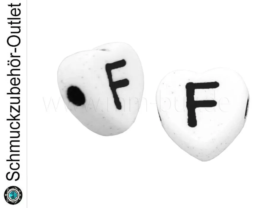 Buchstabenperlen „F“, Herz, weiß, 5 Stück