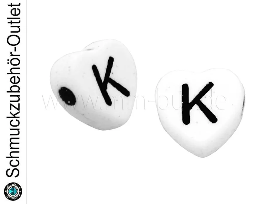 Buchstabenperlen „K“, Herz, weiß, 5 Stück