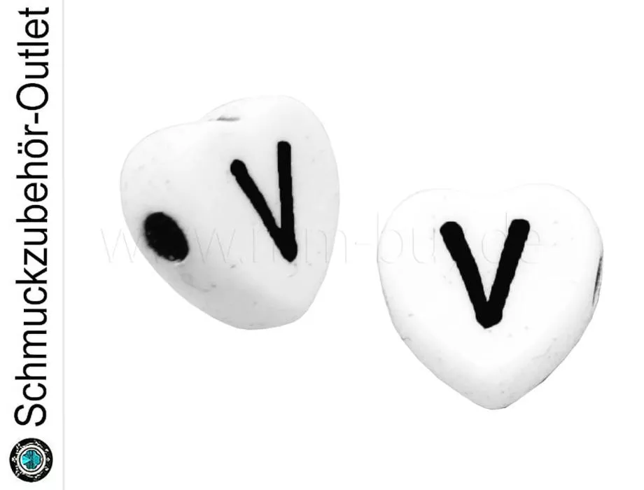 Buchstabenperlen „V“, Herz, weiß, 5 Stück