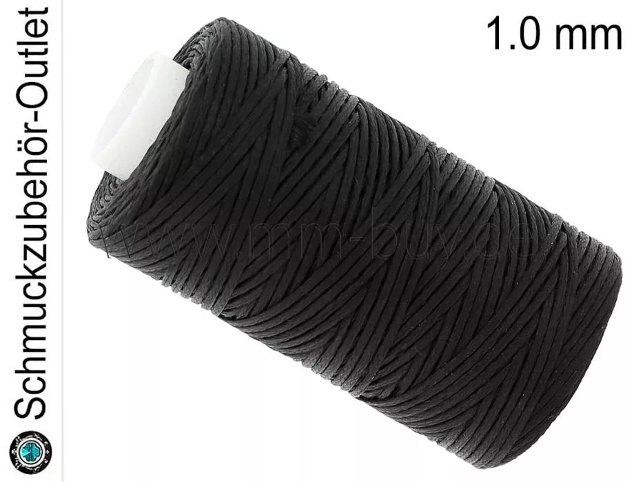 Schmuckband, gewachst, flach, schwarz, 1 mm, 1 Spule (50 m)