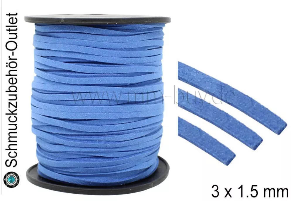 Flaches Band, Wildlederoptik, blau, 3 x 1.5 mm, 1 Meter