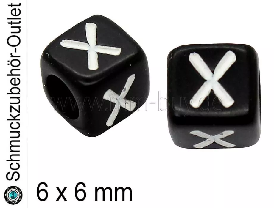 Buchstabenperlen „X“, Würfel, schwarz, Ø: 6x6 mm, 5 Stück