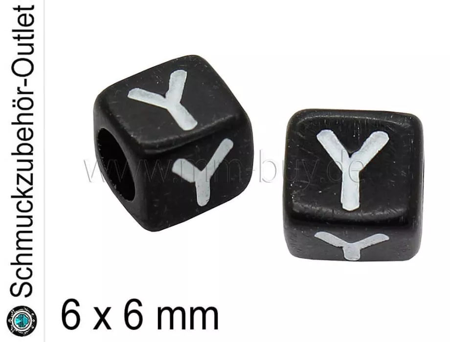 Buchstabenperlen „Y“, Würfel, schwarz, Ø: 6x6 mm, 5 Stück